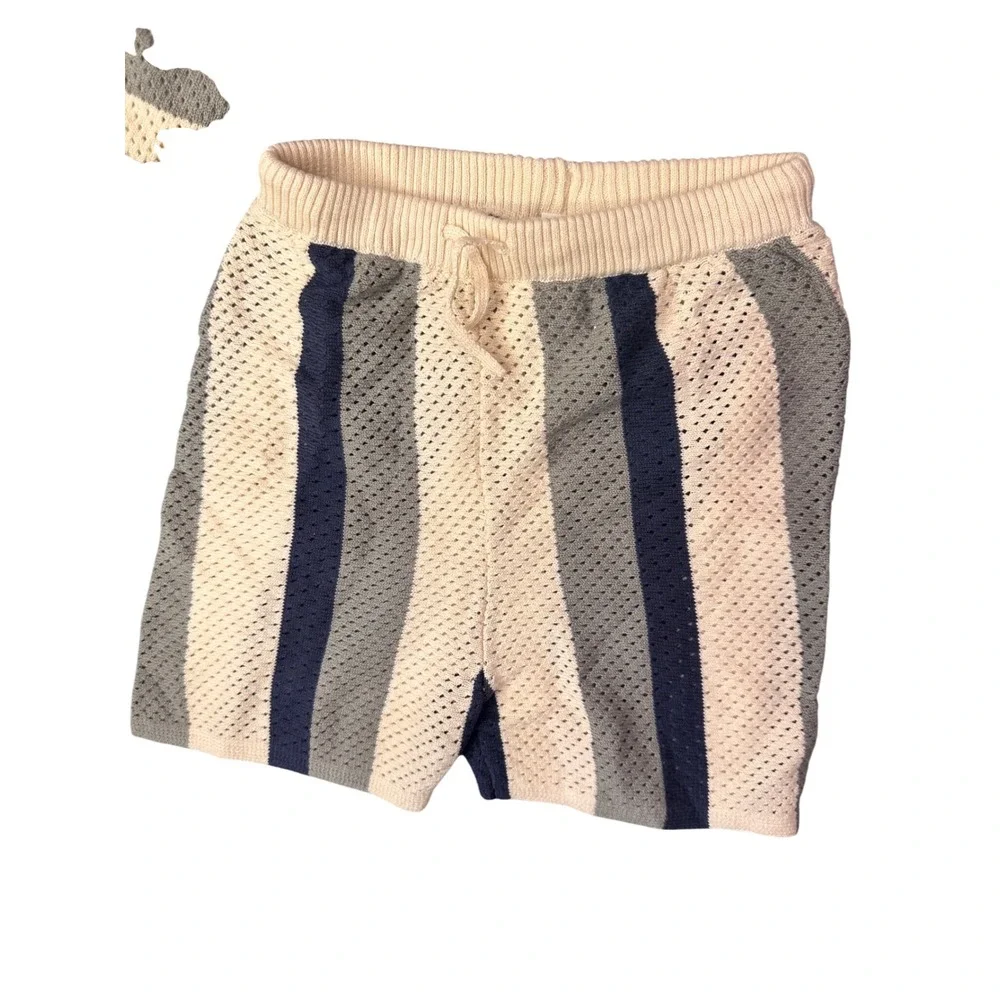 HM Kids 2T Striped Pointelle Knit Polo Shirt and Shorts Set Cream Grey Navy 0187